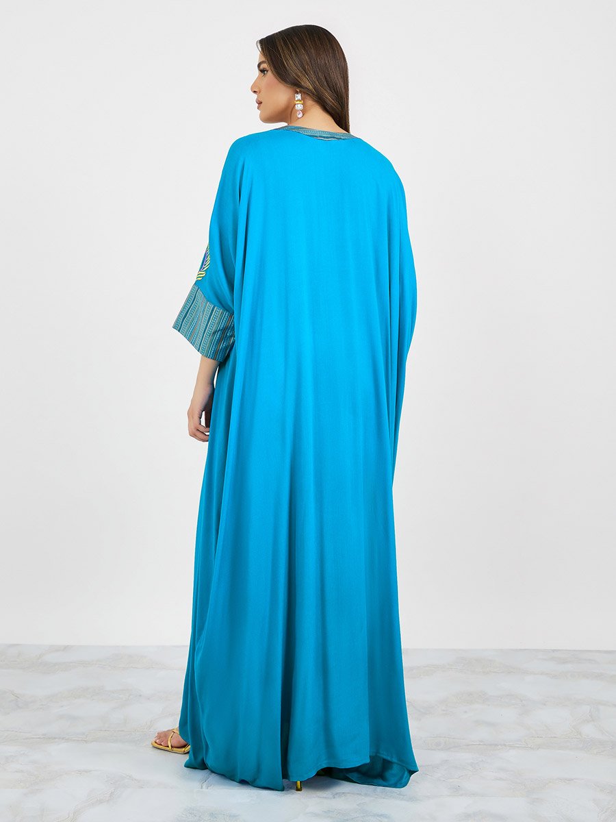 Embroidered Batwing Sleeve Jalabiya with V Neck