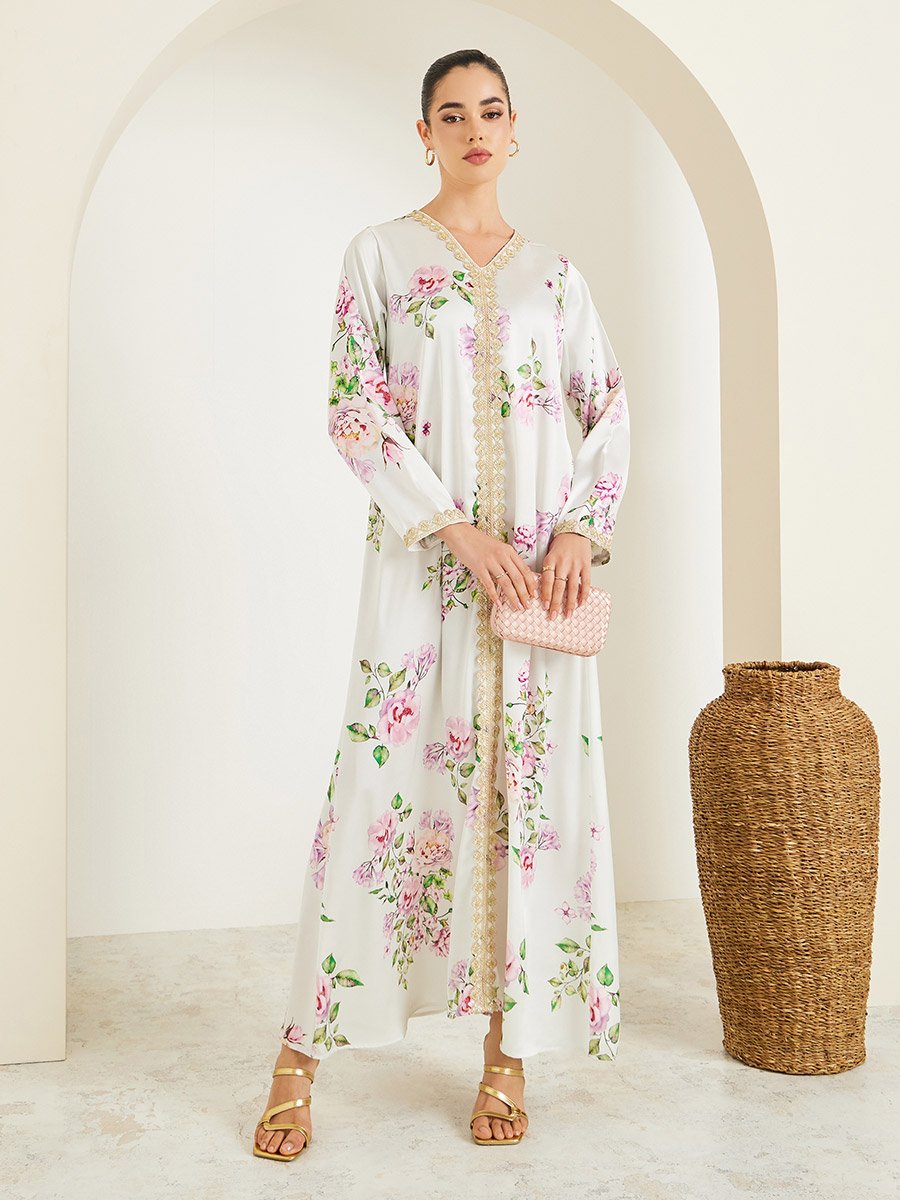 Cream Floral Satin Jalabiya with Lace Detail