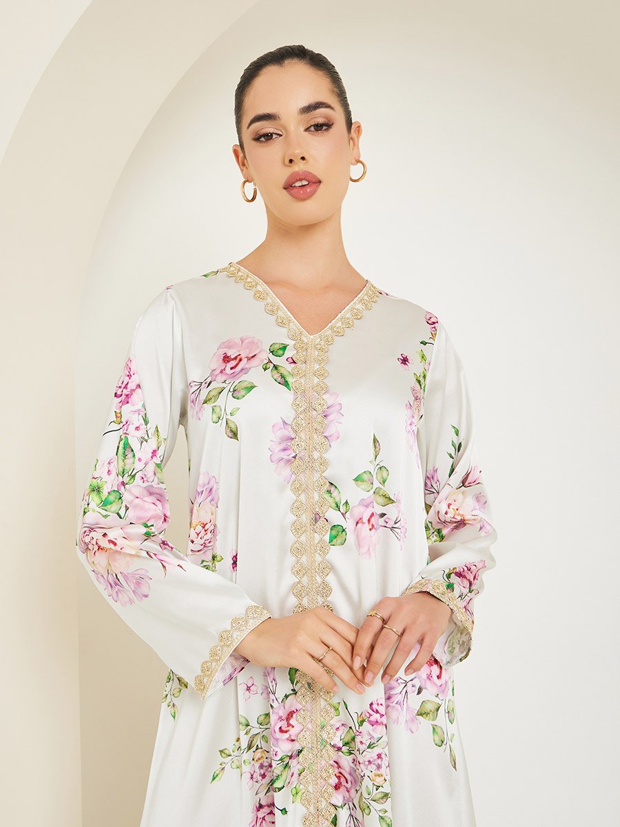 Cream Floral Satin Jalabiya with Lace Detail