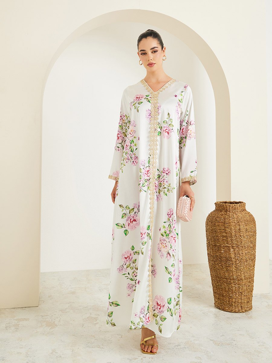 Cream Floral Satin Jalabiya with Lace Detail