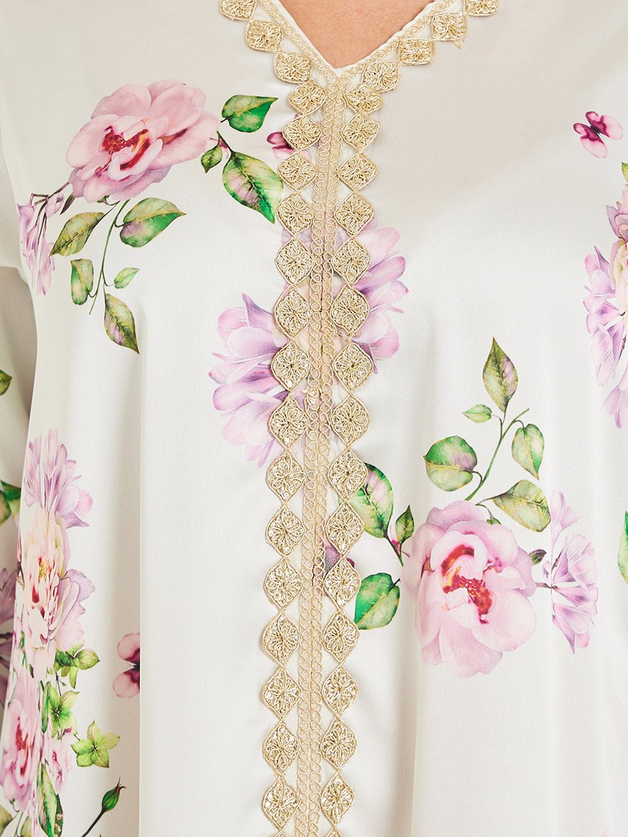 Cream Floral Satin Jalabiya with Lace Detail