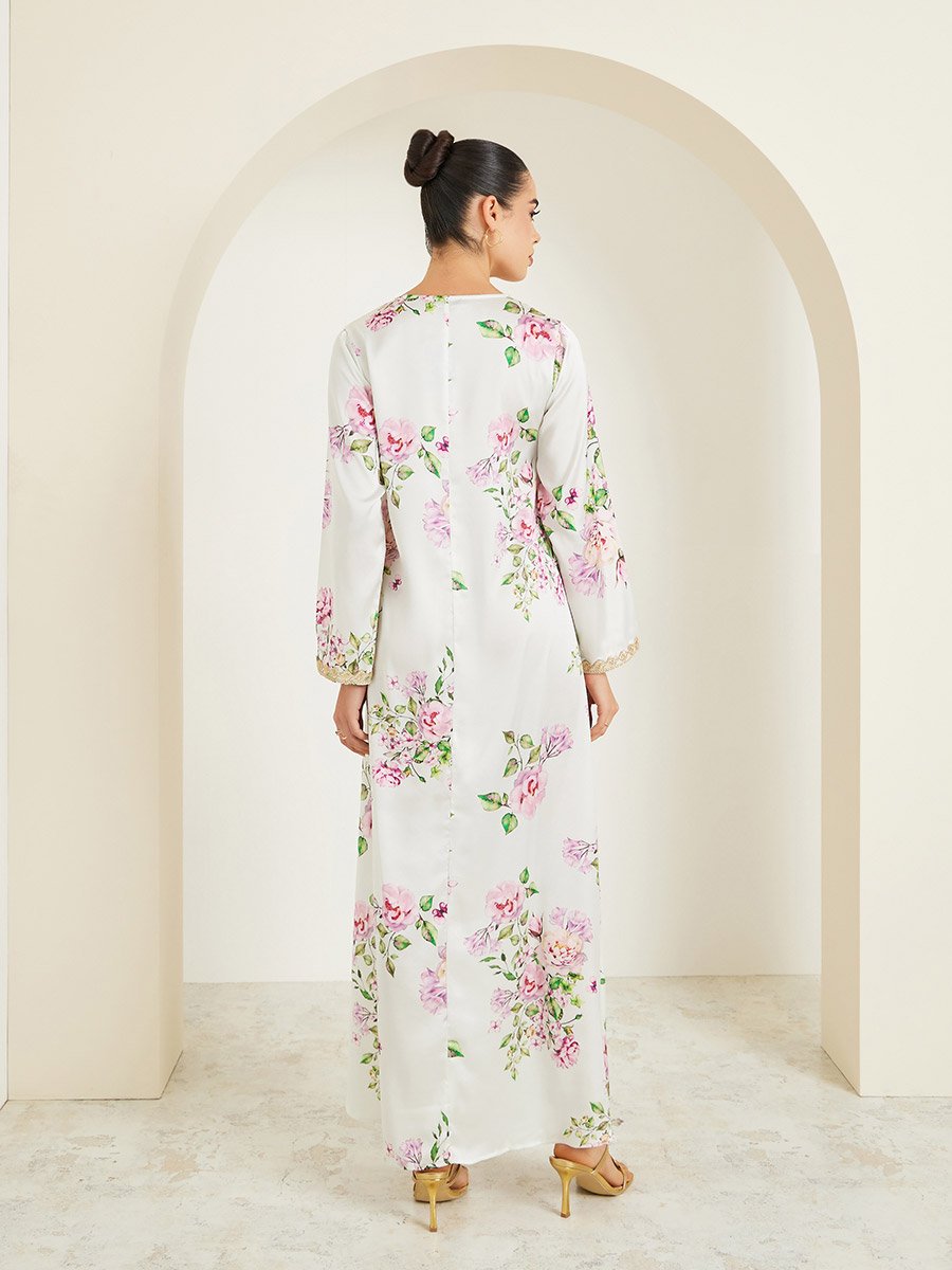 Cream Floral Satin Jalabiya with Lace Detail