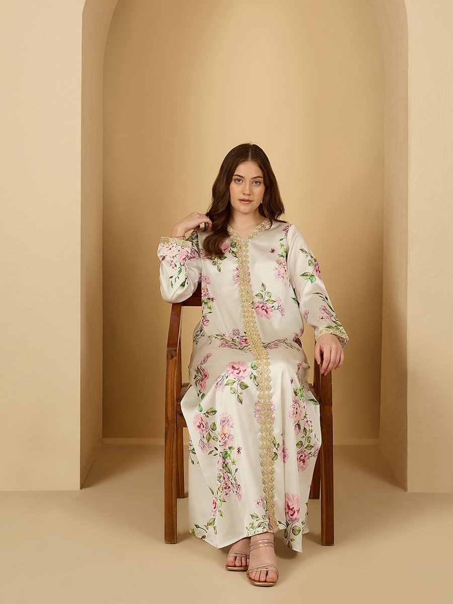 Cream Floral Satin Jalabiya with Lace Detail