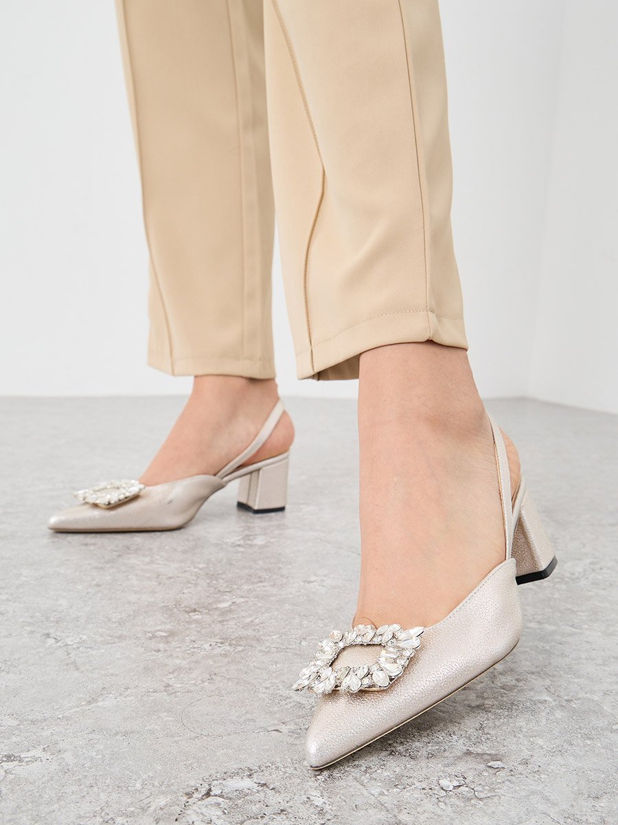 Rhinestone Buckle Detail Block Heel Slingback Shoes