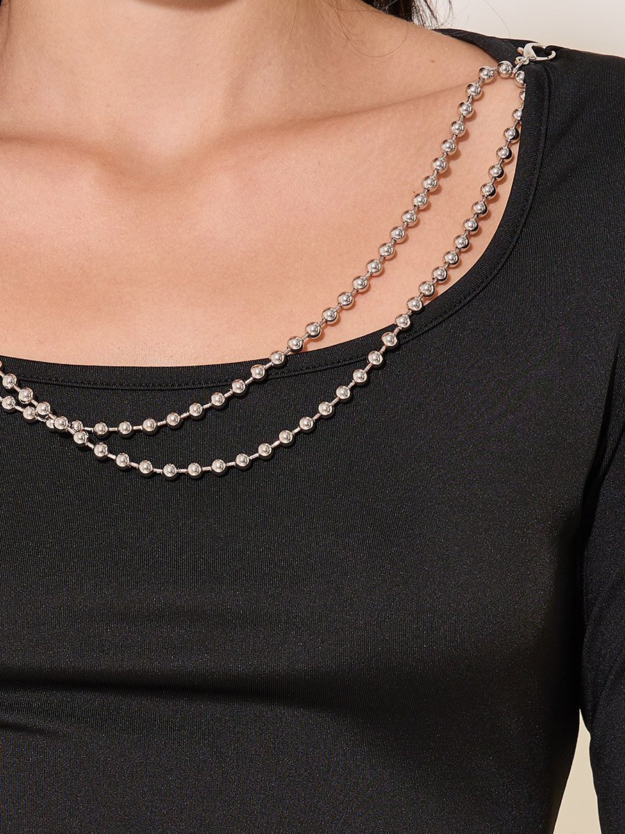 Solid Square Neckline Chain Detail A-Line Midi Dress