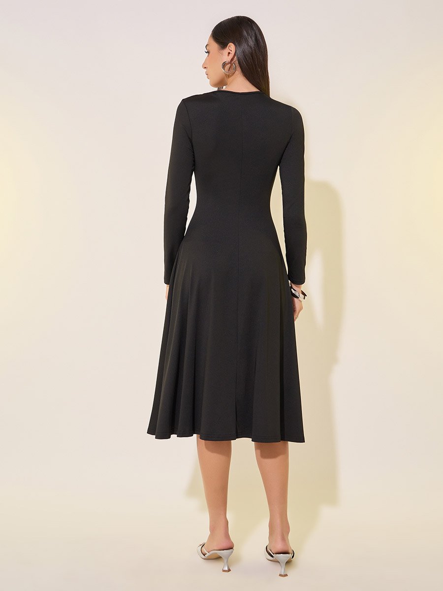 Solid Square Neckline Chain Detail A-Line Midi Dress