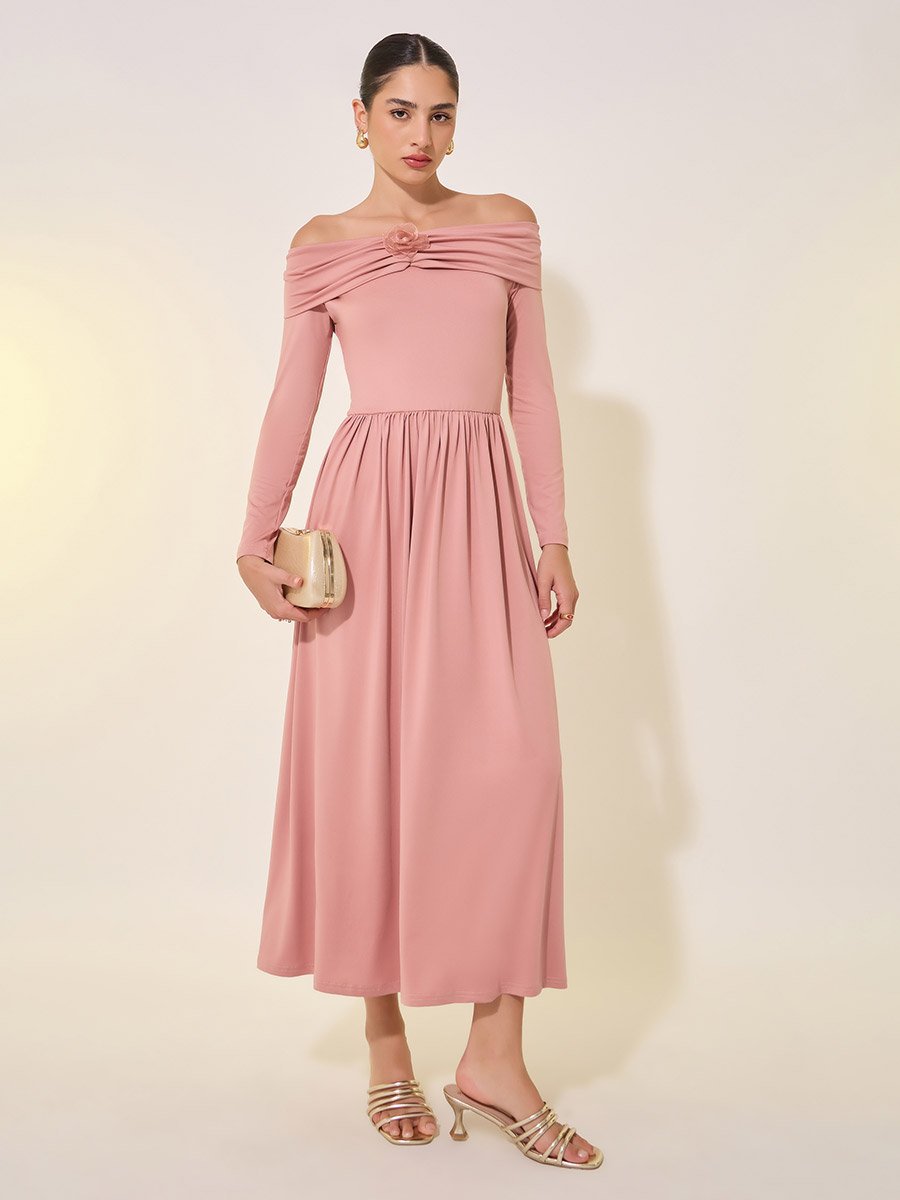 Solid Off Shoulder Gathered Detail Midi Dress