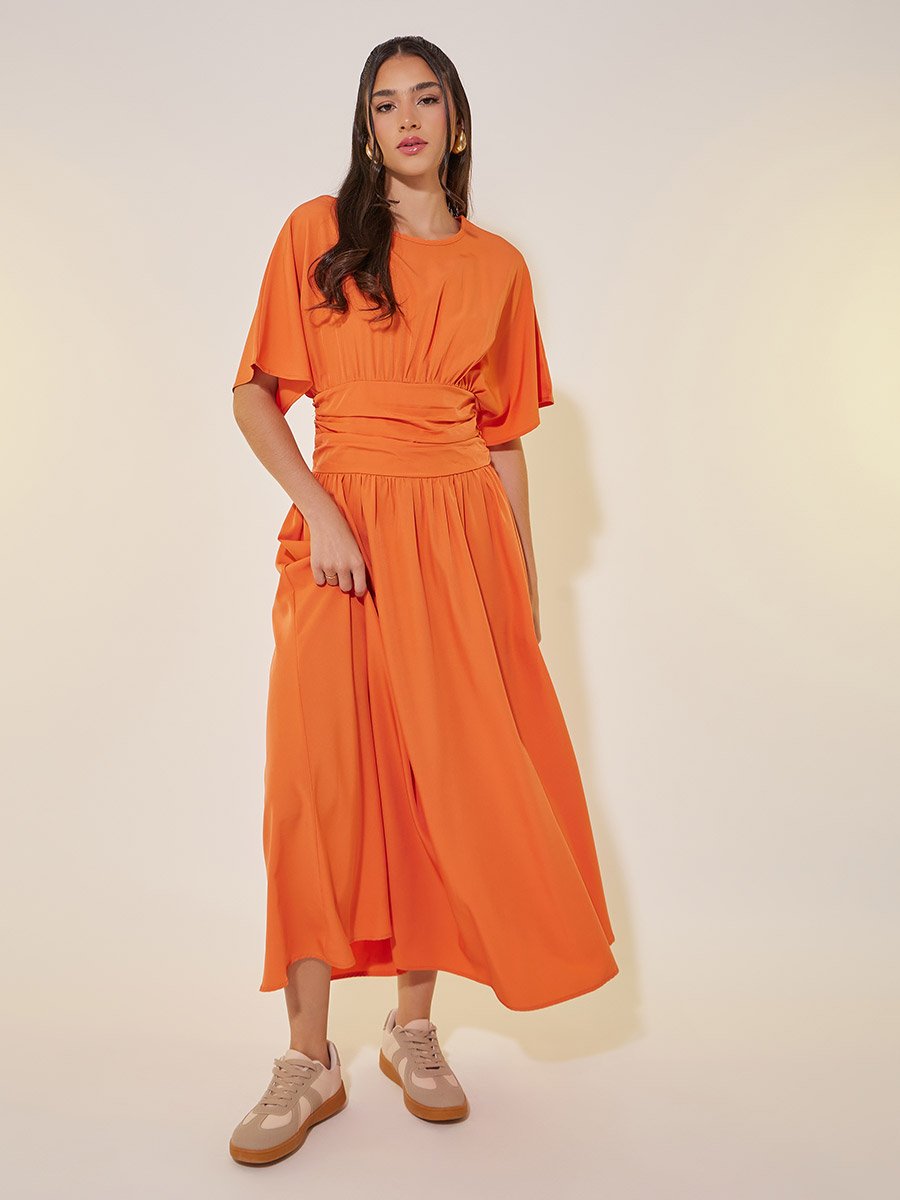 Solid Gathered Waist A-Line Midi Dress
