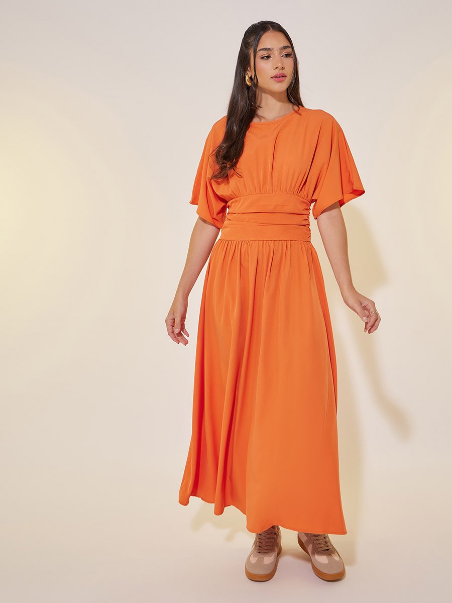 Solid Gathered Waist A-Line Midi Dress