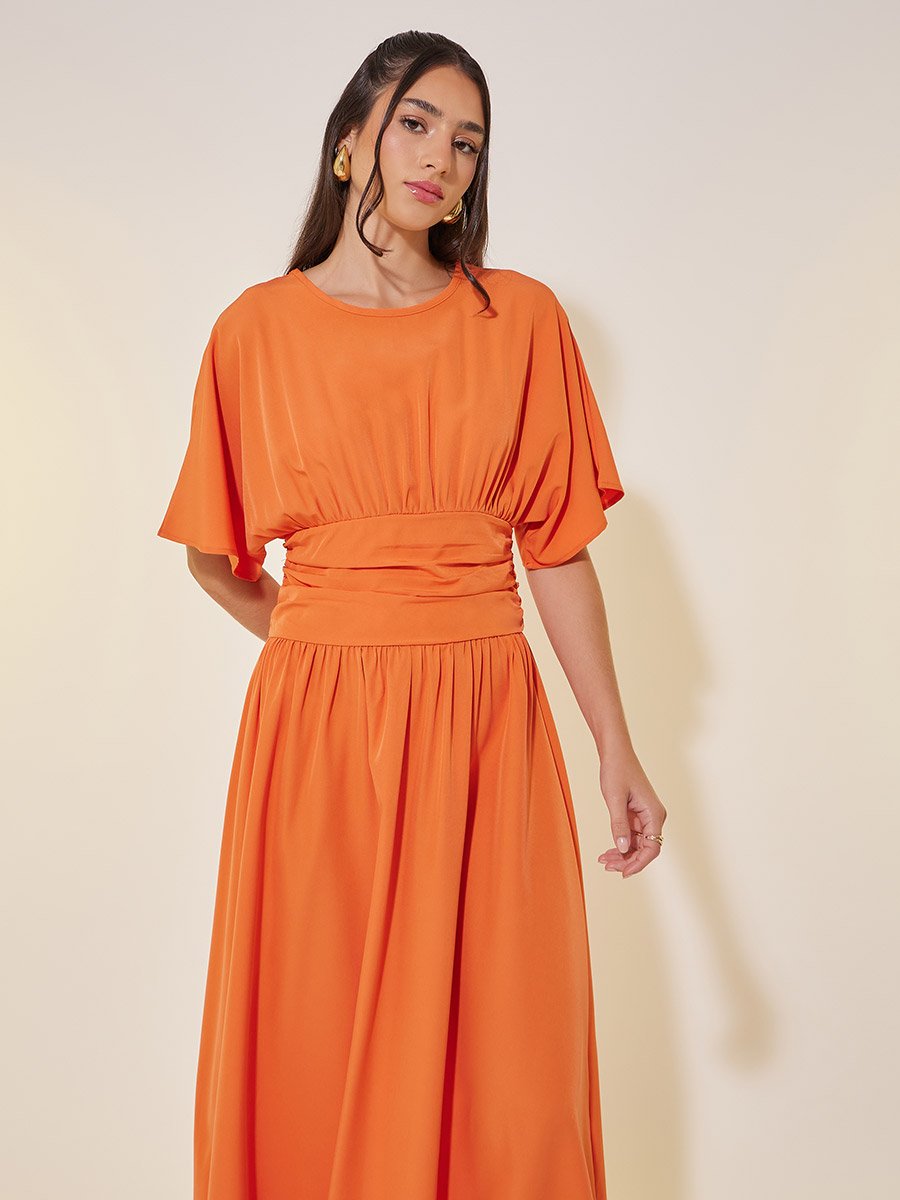 Solid Gathered Waist A-Line Midi Dress