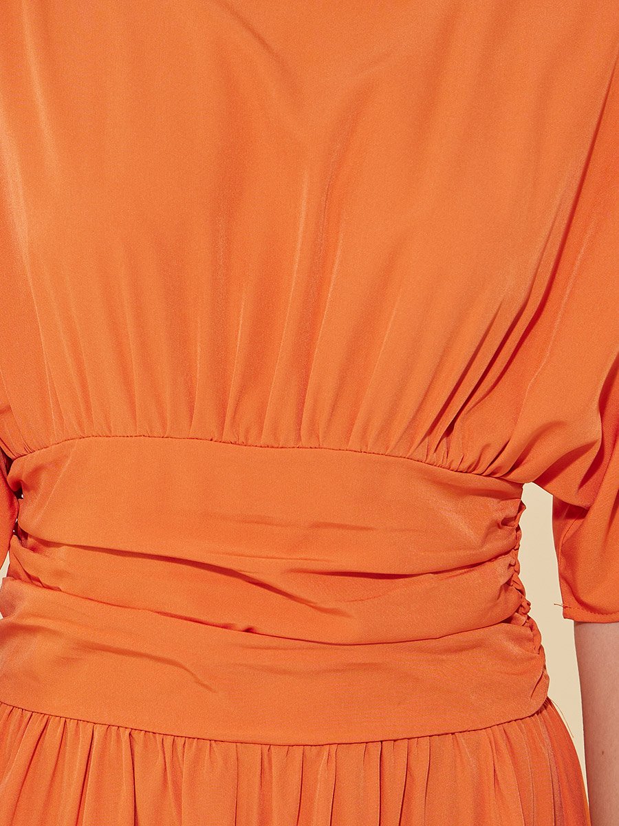 Solid Gathered Waist A-Line Midi Dress