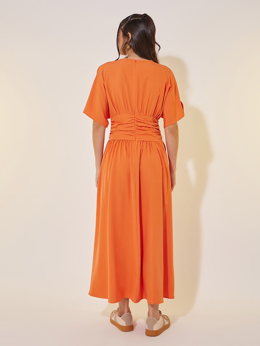 Solid Gathered Waist A-Line Midi Dress