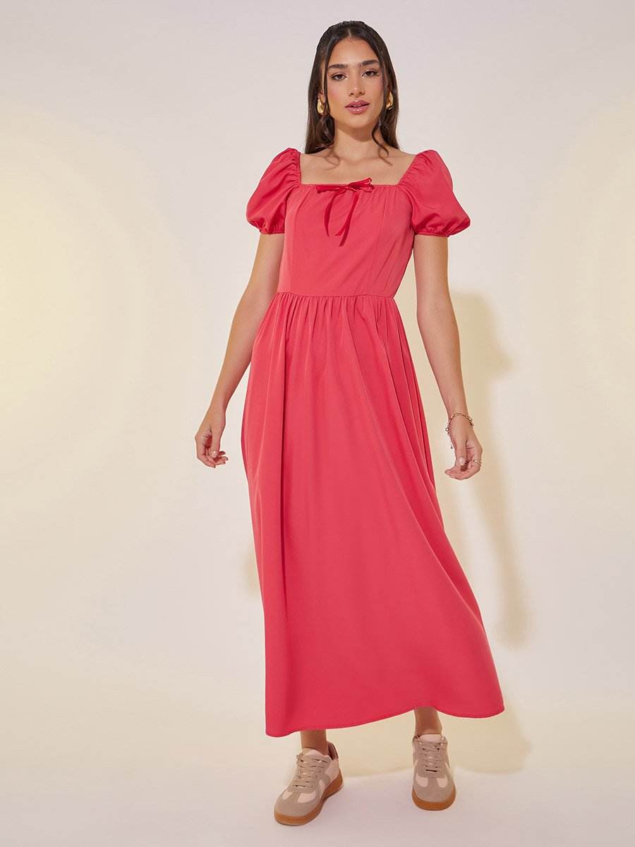 Solid Square Neck Bow Detail Puff Sleeve Maxi Dress