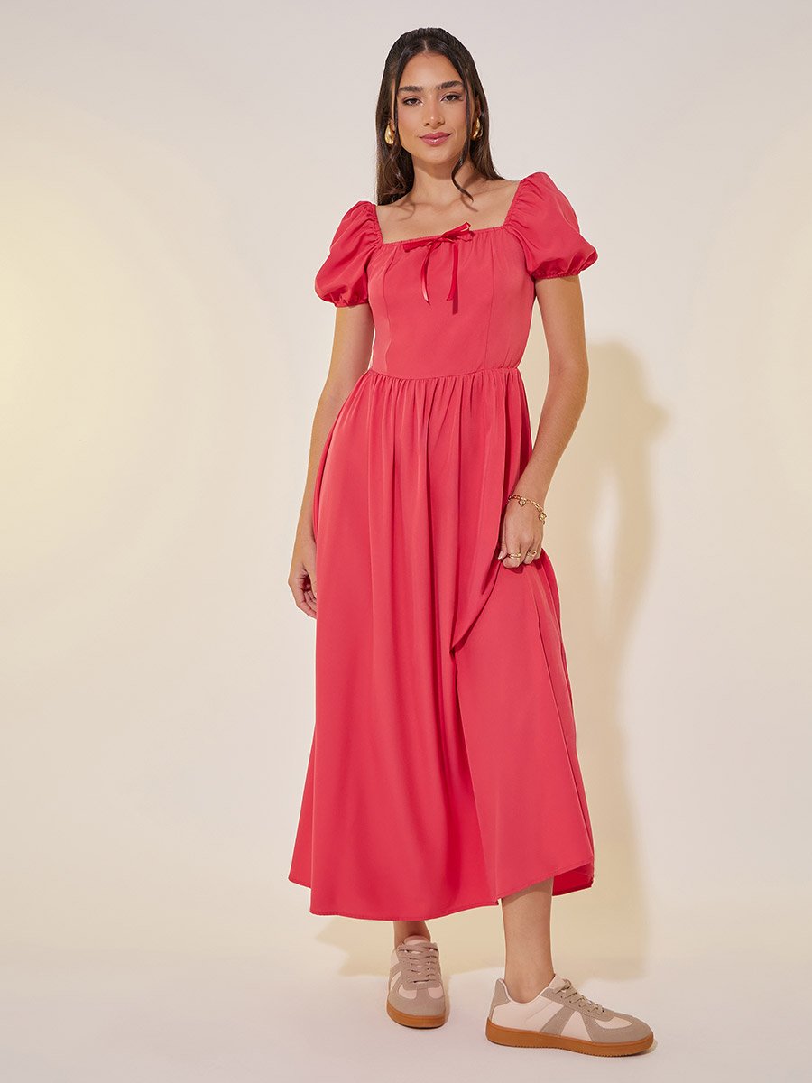 Solid Square Neck Bow Detail Puff Sleeve Maxi Dress