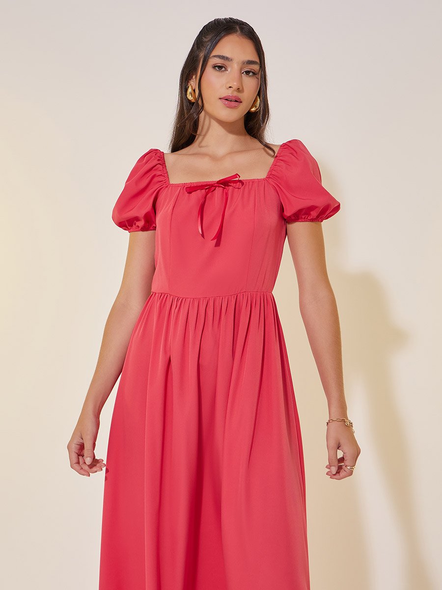 Solid Square Neck Bow Detail Puff Sleeve Maxi Dress