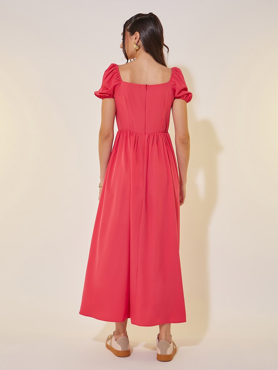 Solid Square Neck Bow Detail Puff Sleeve Maxi Dress