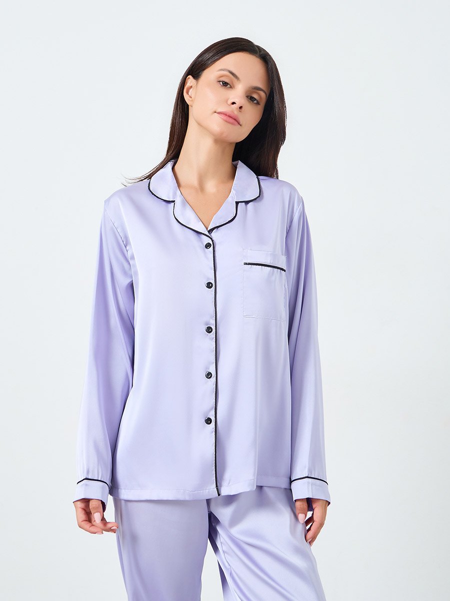 Matte Satin Piped Detail Pocket Shirt and Pyjama Set