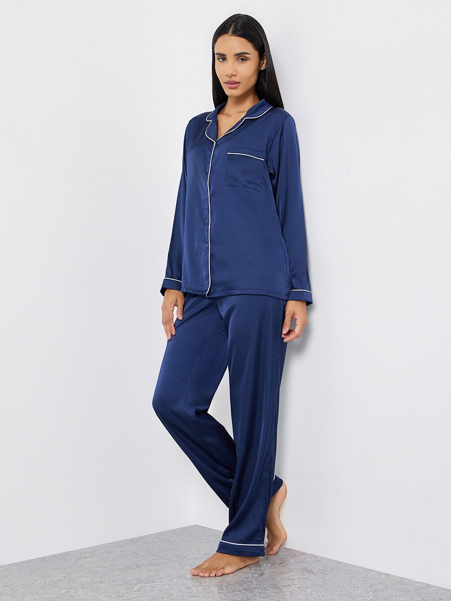 Matte Satin Piped Detail Pocket Shirt and Pyjama Set