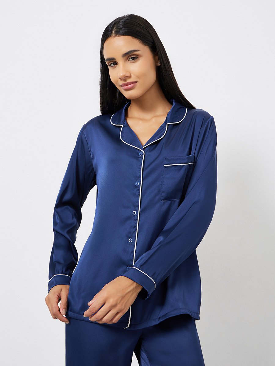 Matte Satin Piped Detail Pocket Shirt and Pyjama Set