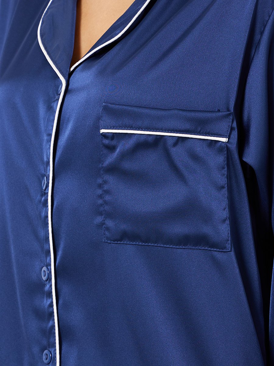 Matte Satin Piped Detail Pocket Shirt and Pyjama Set