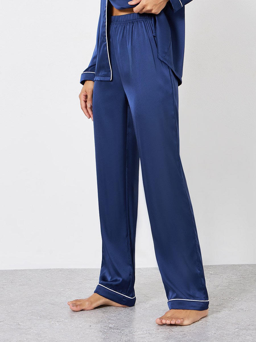 Matte Satin Piped Detail Pocket Shirt and Pyjama Set