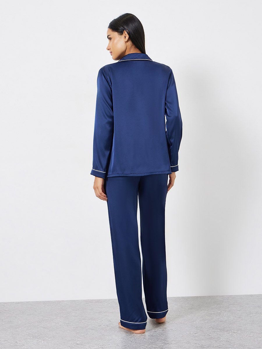 Matte Satin Piped Detail Pocket Shirt and Pyjama Set