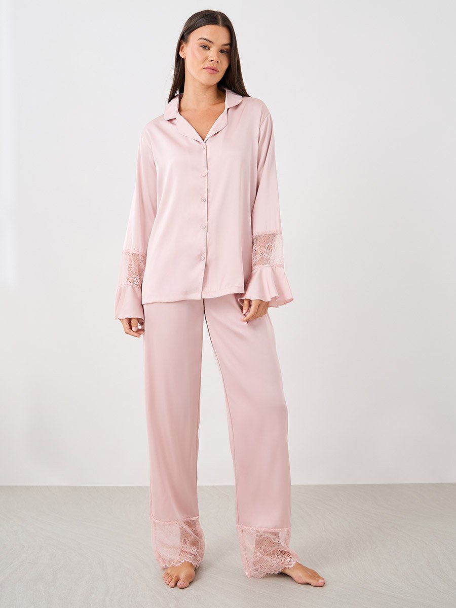 Matte Satin Lace Detail Shirt and Pyjama Set