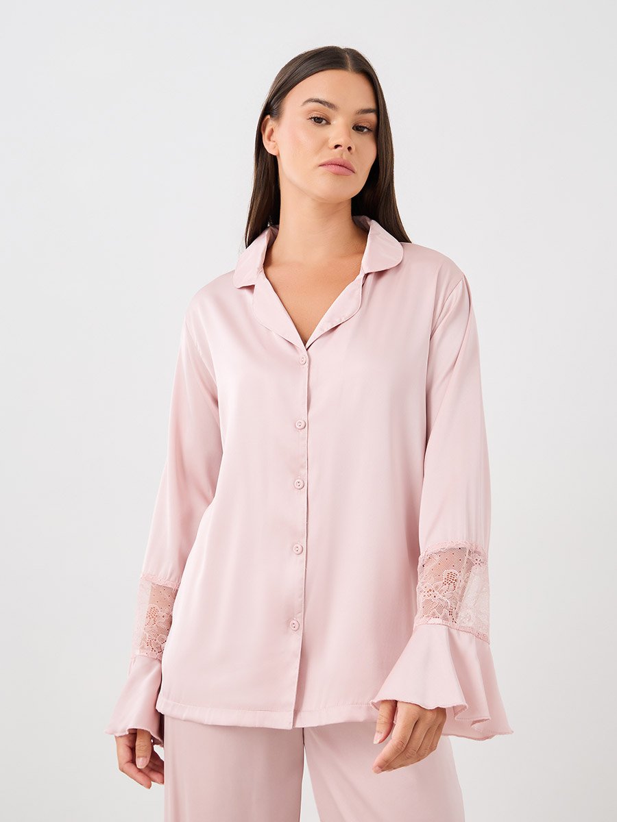 Matte Satin Lace Detail Shirt and Pyjama Set