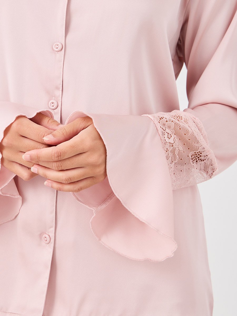 Matte Satin Lace Detail Shirt and Pyjama Set