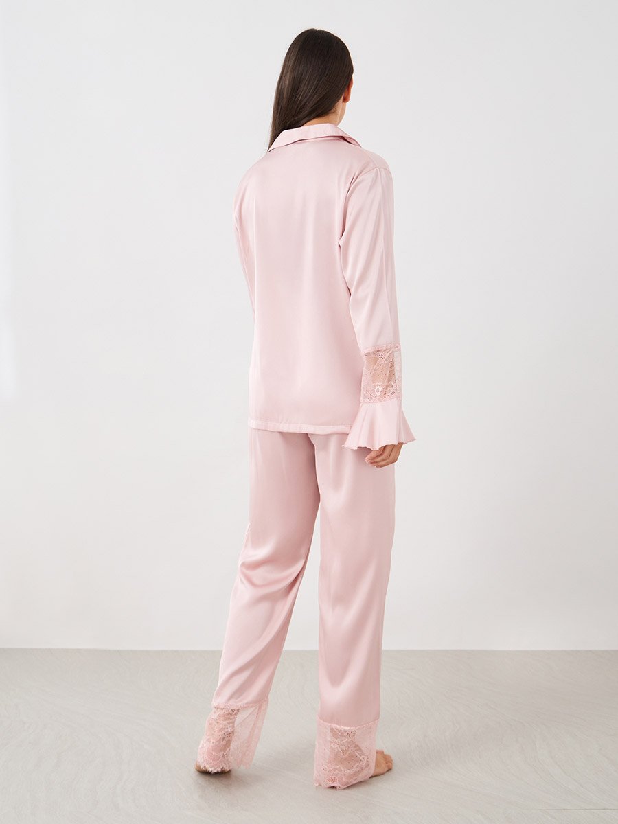 Matte Satin Lace Detail Shirt and Pyjama Set