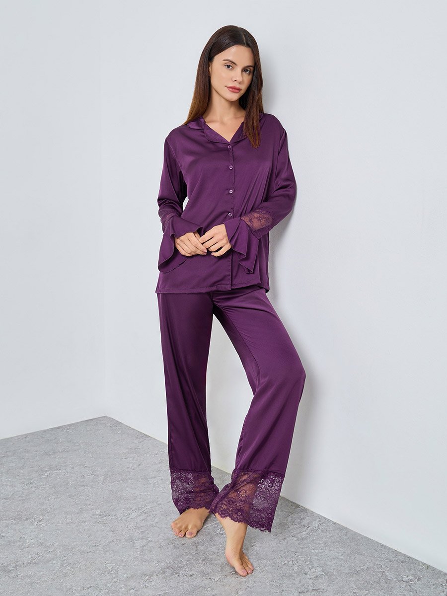 Matte Satin Lace Detail Shirt and Pyjama Set