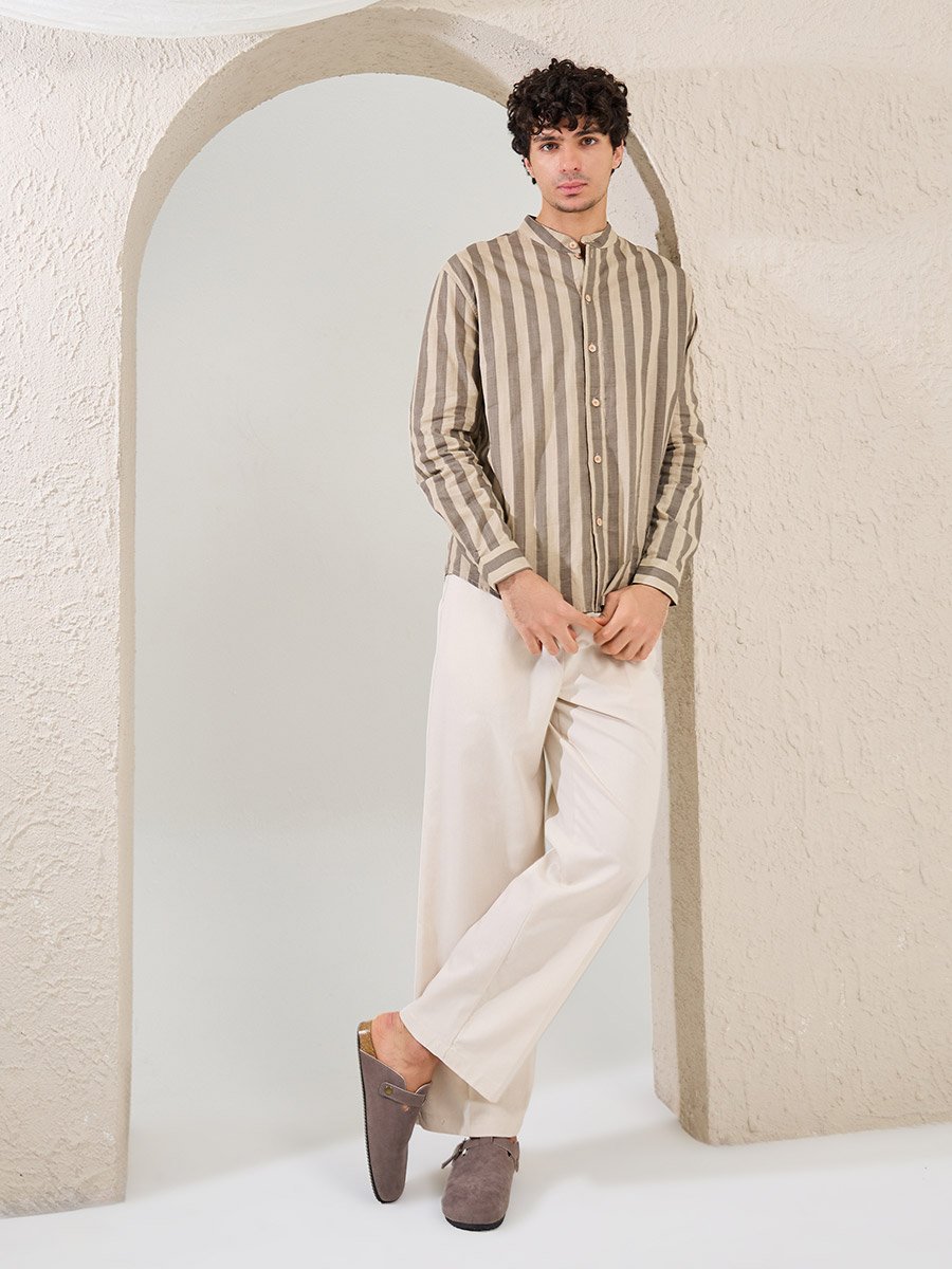 Striped Relaxed Fit Mandarin Collar Shirt