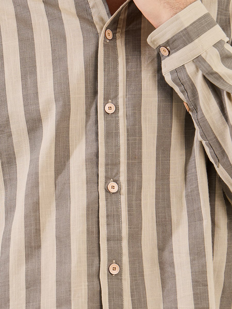 Striped Relaxed Fit Mandarin Collar Shirt
