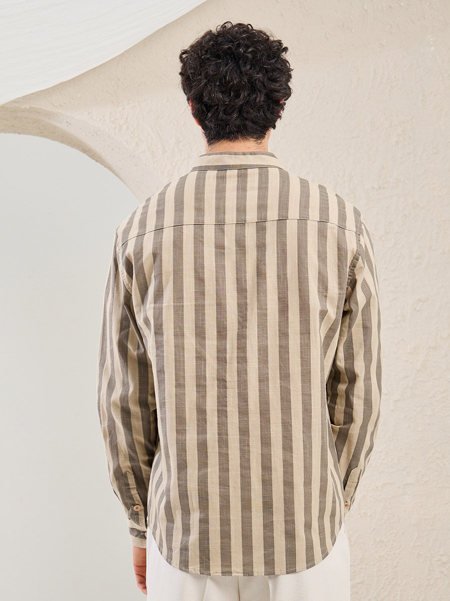 Striped Relaxed Fit Mandarin Collar Shirt