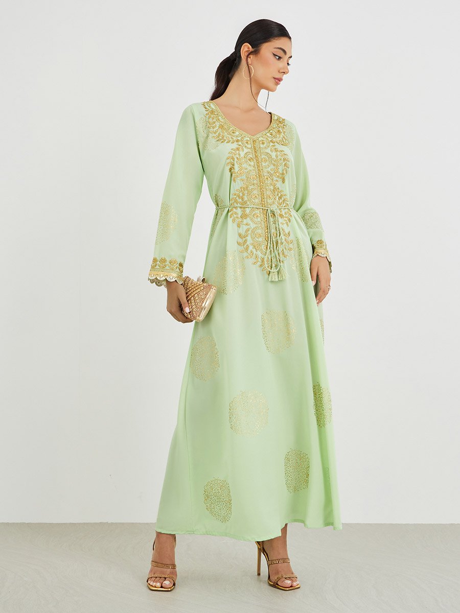 Foil Print V Neck Jalabiya with Embroidery and Lace Detail