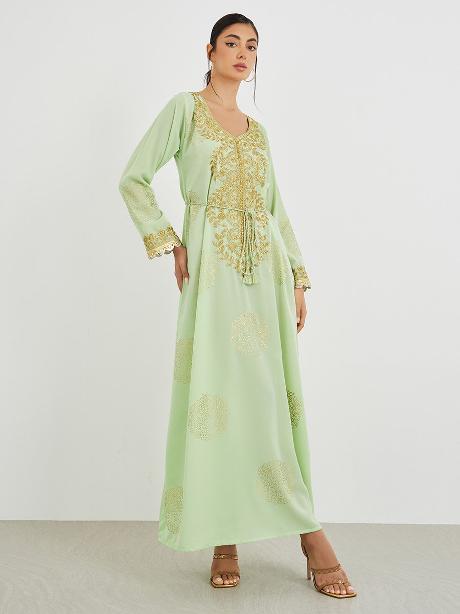 Foil Print V Neck Jalabiya with Embroidery and Lace Detail