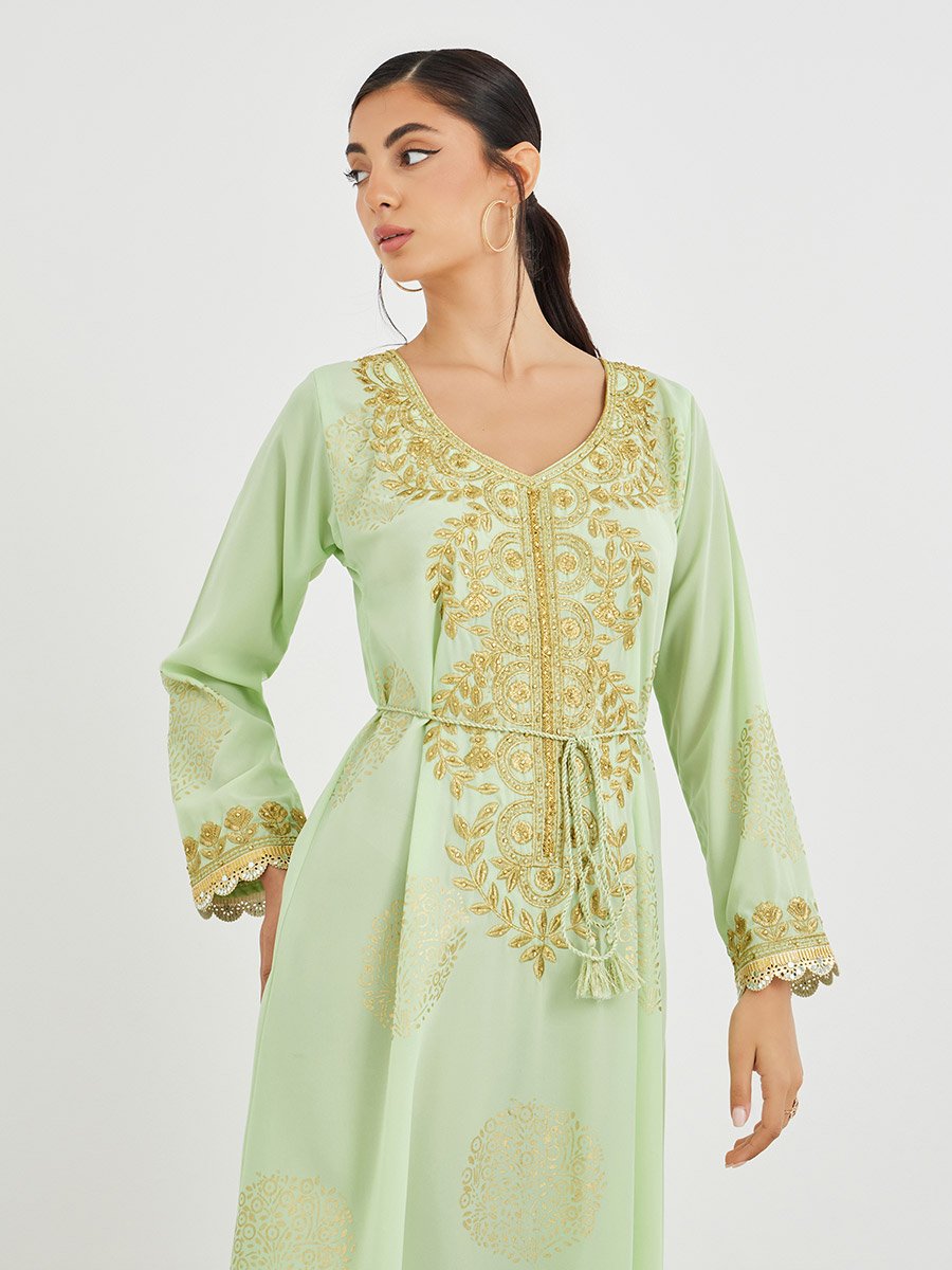 Foil Print V Neck Jalabiya with Embroidery and Lace Detail
