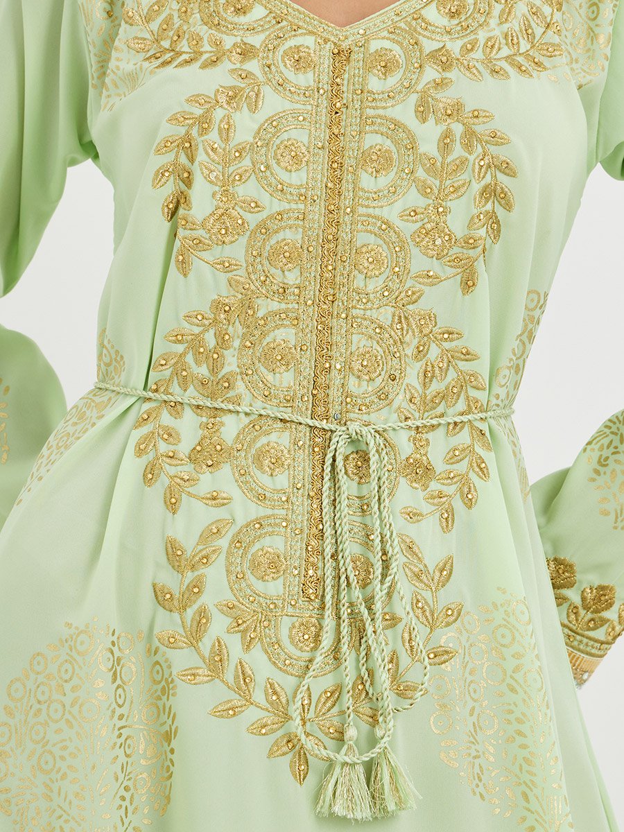 Foil Print V Neck Jalabiya with Embroidery and Lace Detail