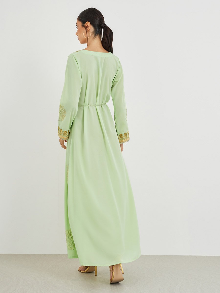 Foil Print V Neck Jalabiya with Embroidery and Lace Detail