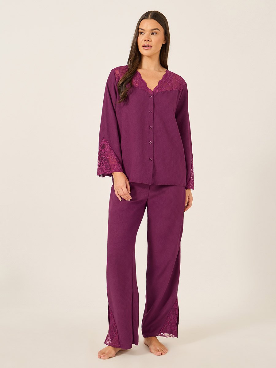 Lace Insert Buttoned Shirt and Pyjama Set