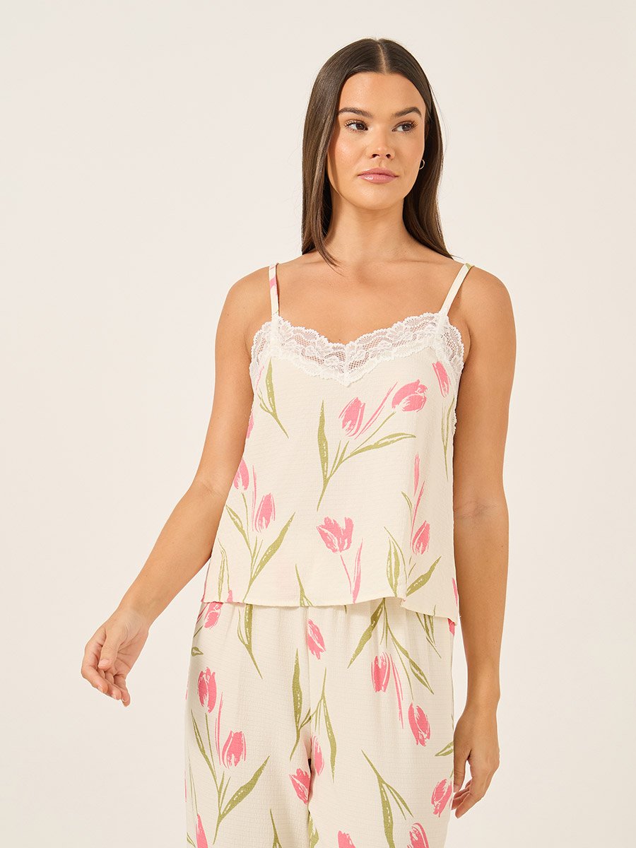 Lace Trim Floral Print Cami and Pyjama with Robe Set