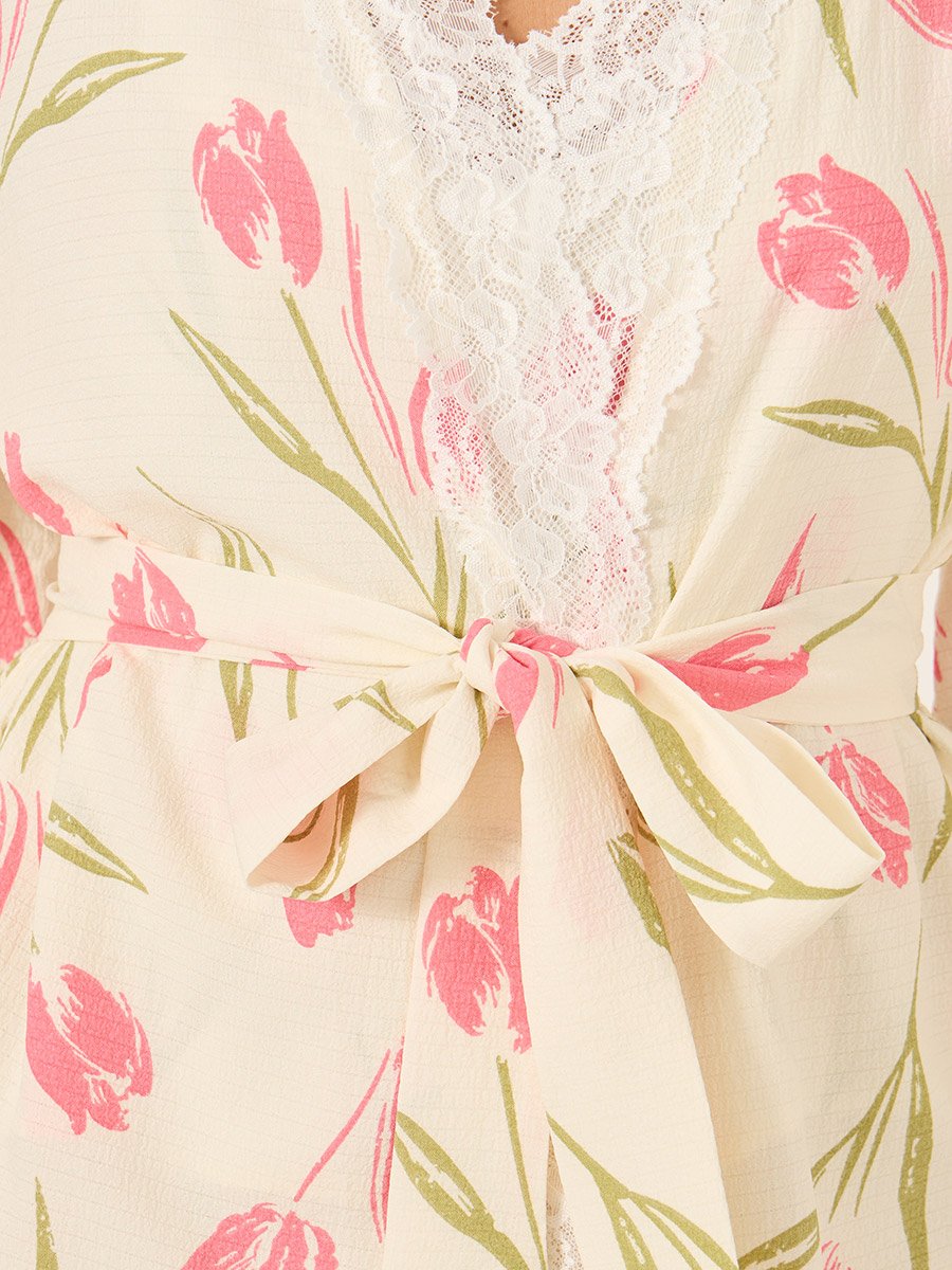 Lace Trim Floral Print Cami and Pyjama with Robe Set