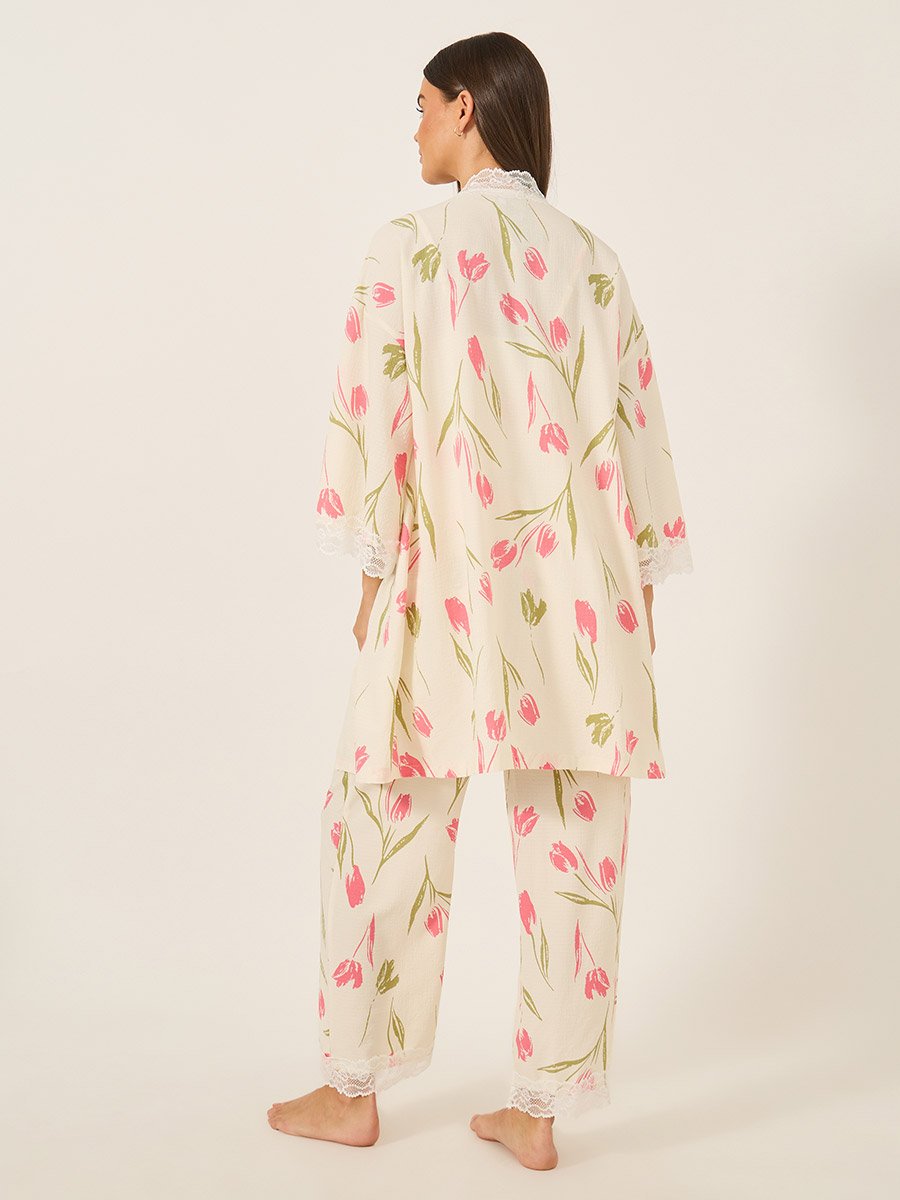 Lace Trim Floral Print Cami and Pyjama with Robe Set