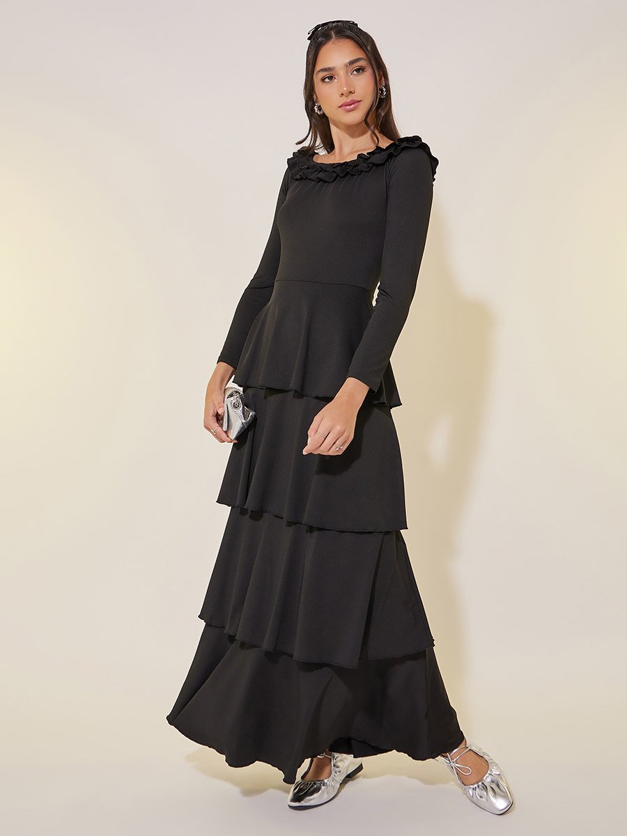 Solid Round Neck Long Sleeve Tiered Midi Dress For Women at Bahrain | Styli