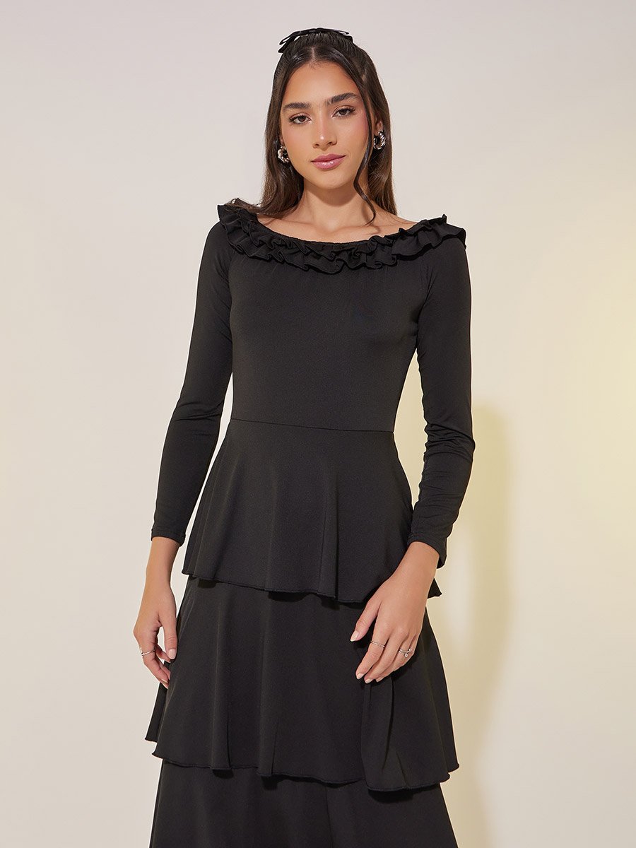 chinese dress ladies Zapaka Women Ivory Round Neck Midi Engagement Dress with Ruffles A Line Long Sleeve Tiered Wedding Reception Dress, Ivory / US8