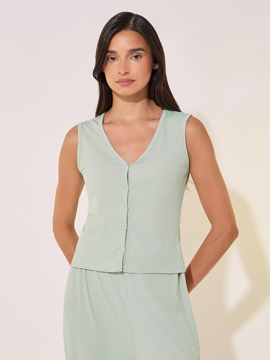 Rib Knit V-Neck Cami Top and Pyjama Set