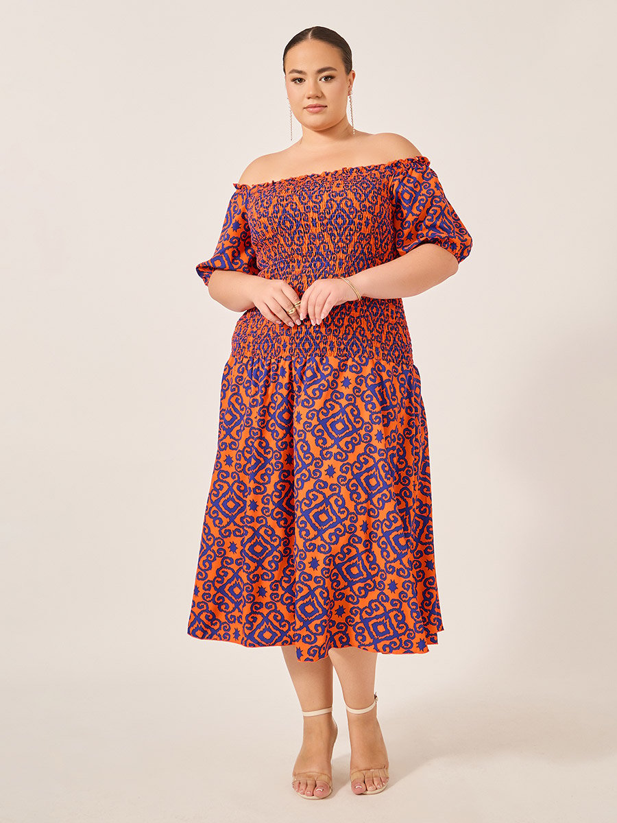 Plus Size All-Over Printed Smocked A-Line Midi Dress