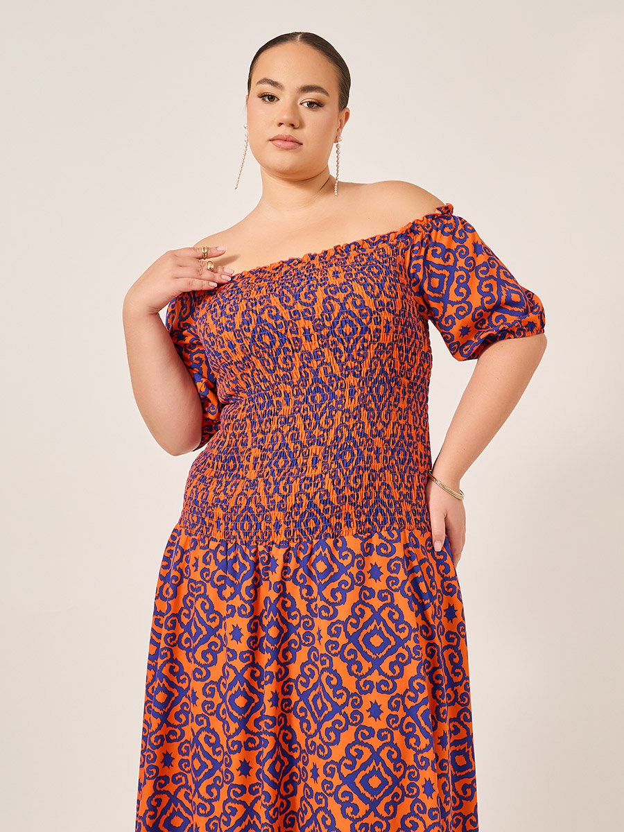Plus Size All-Over Printed Smocked A-Line Midi Dress
