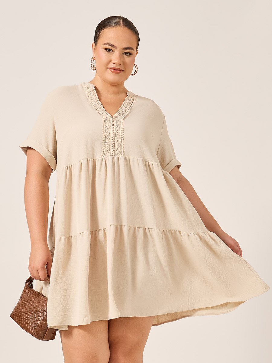 Beige A-Line Mini Dress with Lace Detail