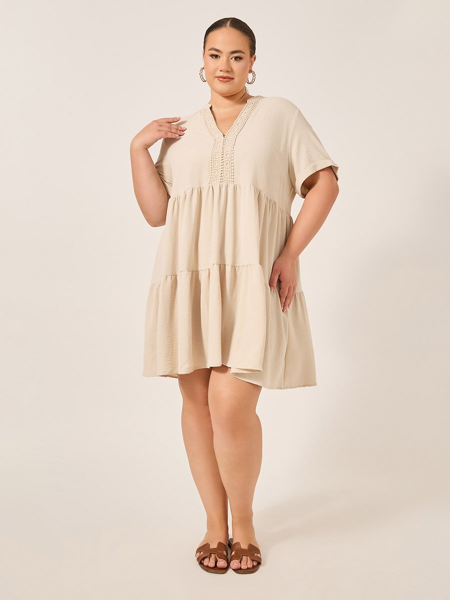 Beige A-Line Mini Dress with Lace Detail